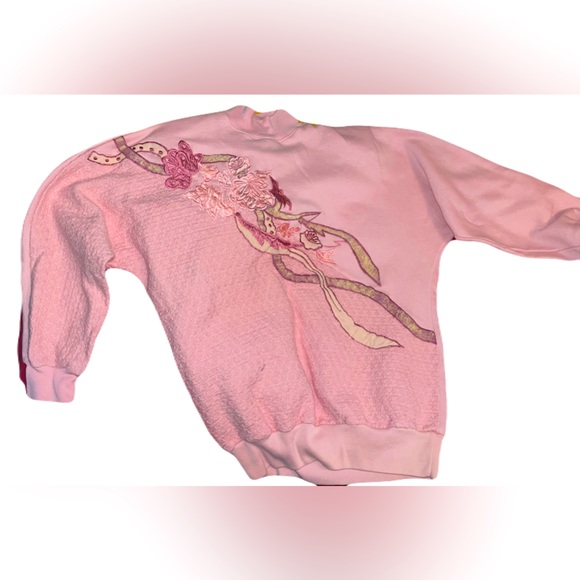 Vintage 90s Pink Sweater embroidered with flowers n jazz - Picture 1 of 5